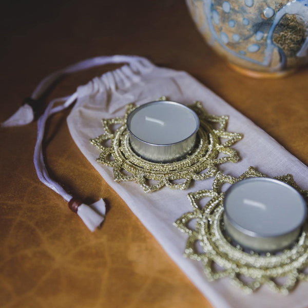 Tea Light Diya Placemat | Metallic Thread | Silver