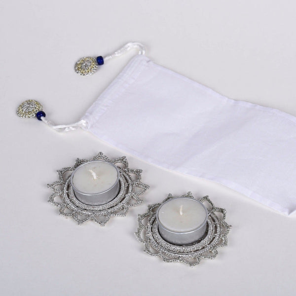 Tea Light Diya Placemat | Metallic Thread | Silver