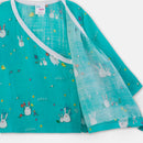 Organic Muslin Jabla & Pants Set | Angrakha Style | Musical Bunny Design | Green