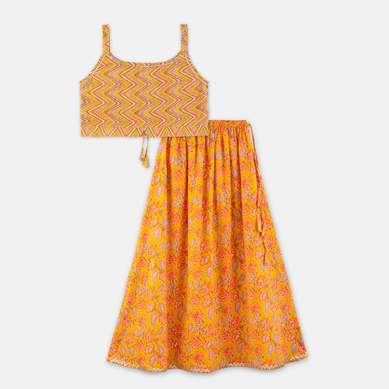 Cotton Lehenga Set for Girls | Zig-Zag Design | Apricot Yellow