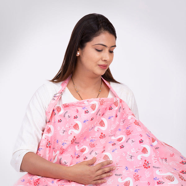 Organic Poplin Nursing Cover | Breast Feeding Apron | Swan Design | Pink