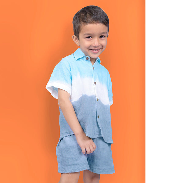Organic Muslin Kids Shirt & Shorts Set | Tye-Dye Design | Denim