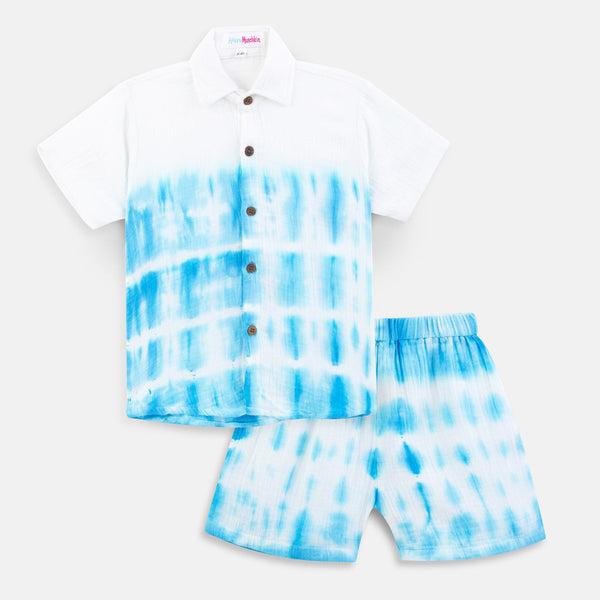 Organic Muslin Boys Shorts Set | Tye-Dye Design | White