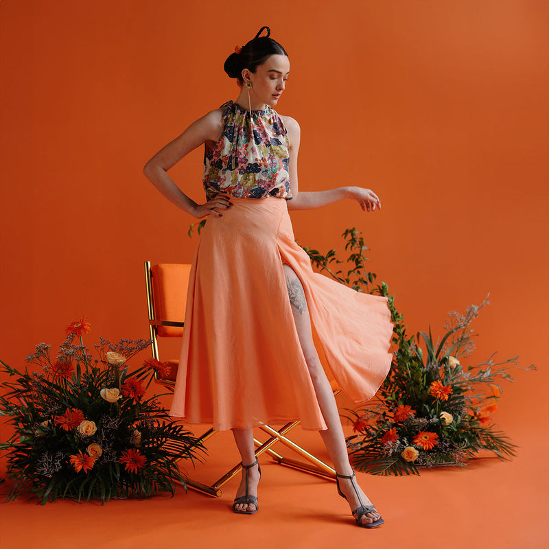 Cotton Silk A-Line Skirt For Women | High Slit | Peach