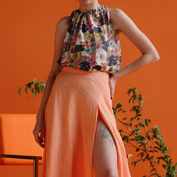Cotton Silk A-Line Skirt For Women | High Slit | Peach