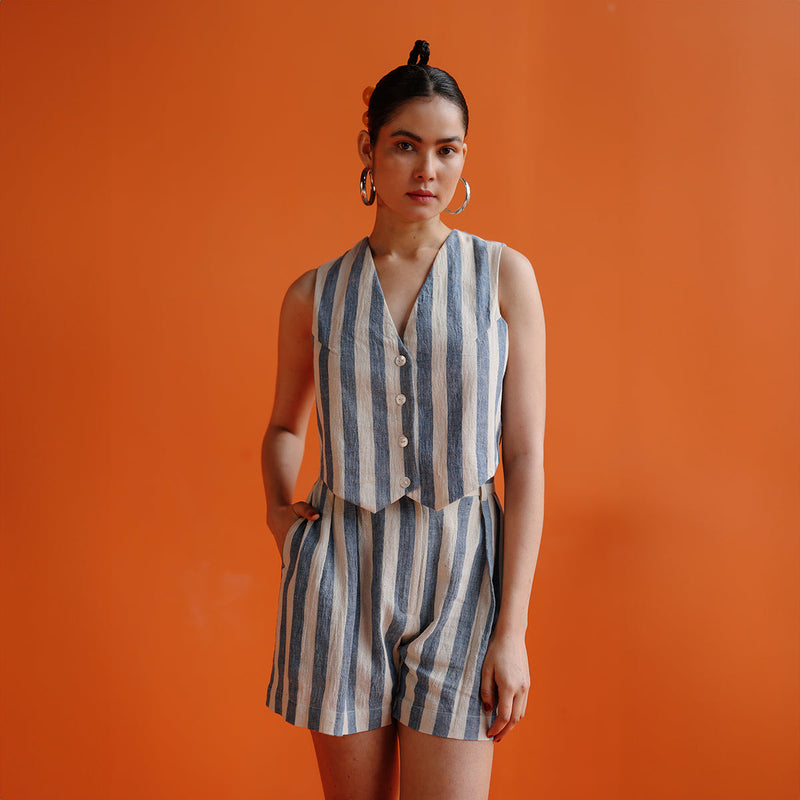 Striped Waistcoat For Women | Handwoven Cotton | Blue & White