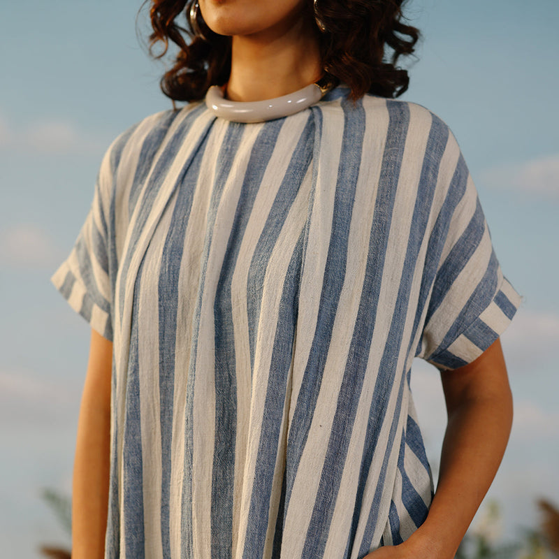 Handwoven Cotton A-Line Dress For Women | Striped | Blue & White
