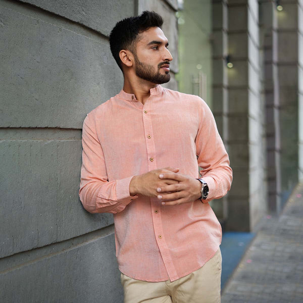 Rust Orange Shirt for Men | Tencel Lyocell & Linen | Mandarin Collar