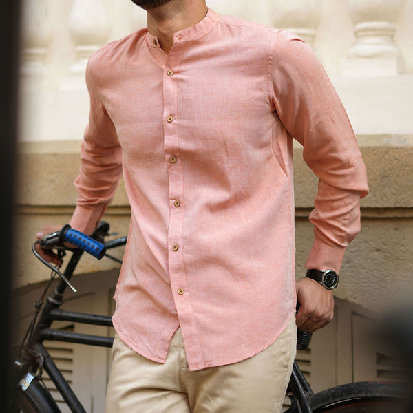 Rust Orange Shirt for Men | Tencel Lyocell & Linen | Mandarin Collar