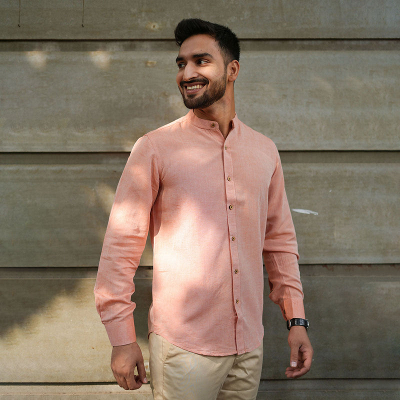 Rust Orange Shirt for Men | Tencel Lyocell & Linen | Mandarin Collar