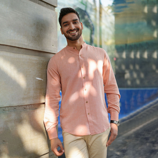 Rust Orange Shirt for Men | Tencel Lyocell & Linen | Mandarin Collar