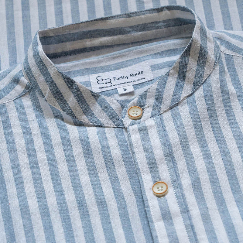 Cotton Stripe Shirt for Men | Dull Blue | Mandarin Collar