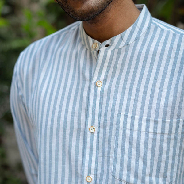 Cotton Stripe Shirt for Men | Dull Blue | Mandarin Collar
