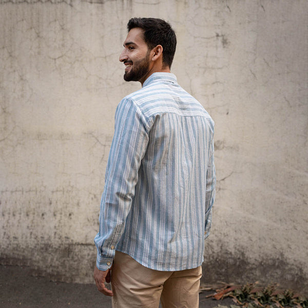 Handwoven Cotton Shirt for Men | Stripes | Full Sleeves | Aqua Blue