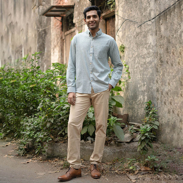 Handwoven Cotton Shirt for Men | Stripes | Full Sleeves | Greyish Green