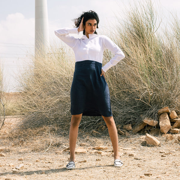 Linen Shirt Dress for Women | Navy Blue & White