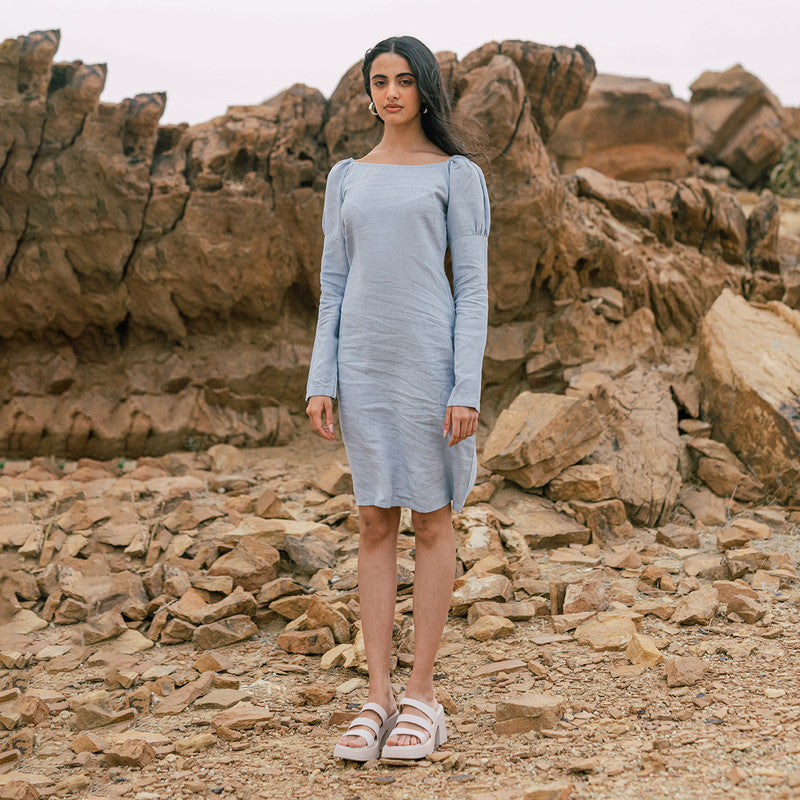 Linen Knee Length Dress | Pacific Blue