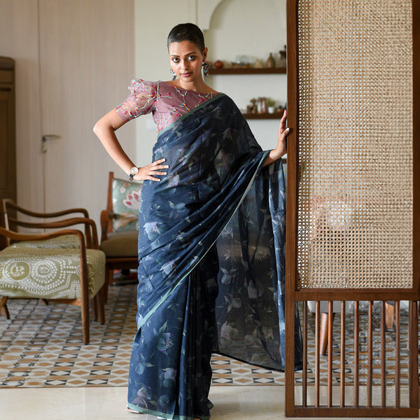 Pure Cotton Blue Saree | Floral Print