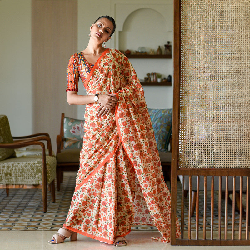 Pure Cotton Saree | Floral Printed | Red & Orange