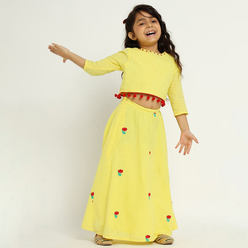 Cotton Tulip Top & Skirt Set For Girls | Embroidered | Yellow