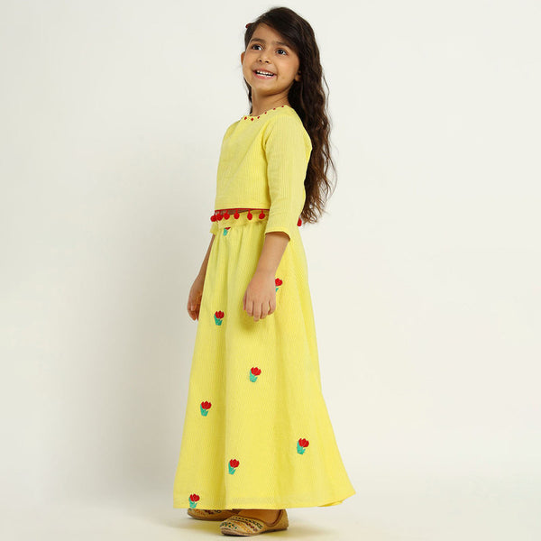 Cotton Tulip Top & Skirt Set For Girls | Embroidered | Yellow