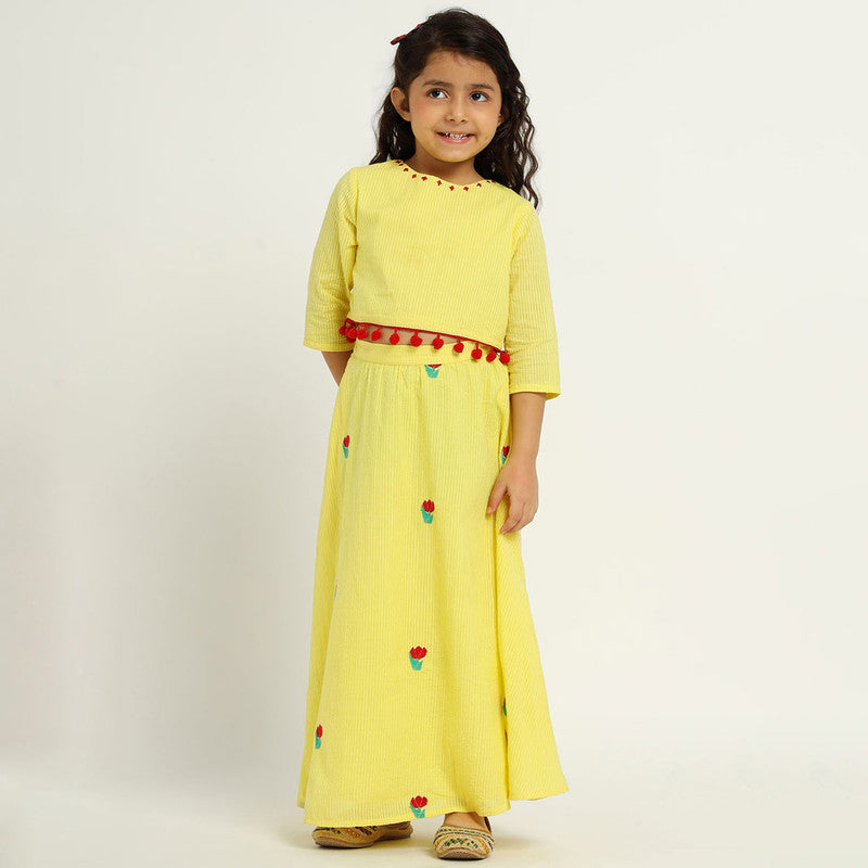 Cotton Tulip Top & Skirt Set For Girls | Embroidered | Yellow