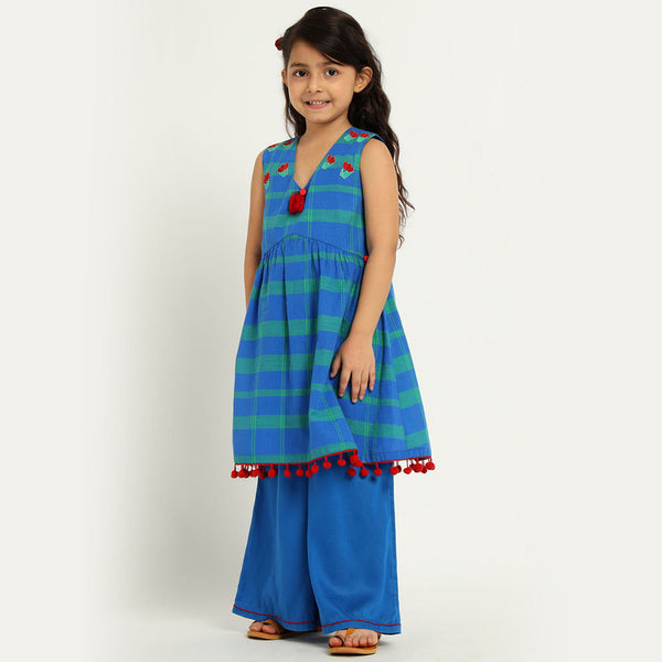 Cotton Frock Kurta Palazzo Set For Girls | Blue