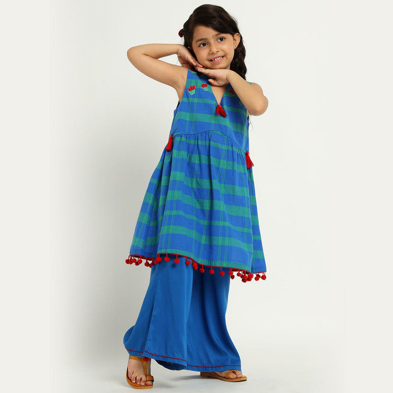 Cotton Frock Kurta Palazzo Set For Girls | Blue