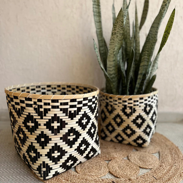 Bamboo Plant Basket | Geometric Print | Black