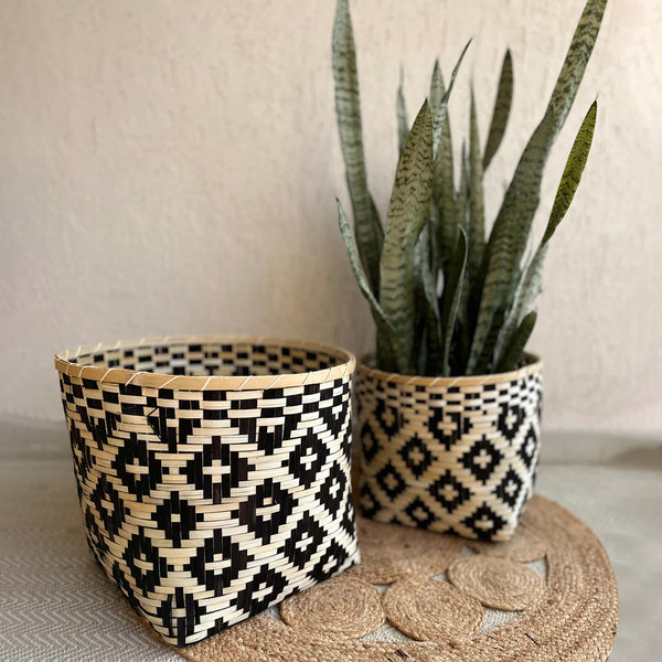 Bamboo Plant Basket | Geometric Print | Black