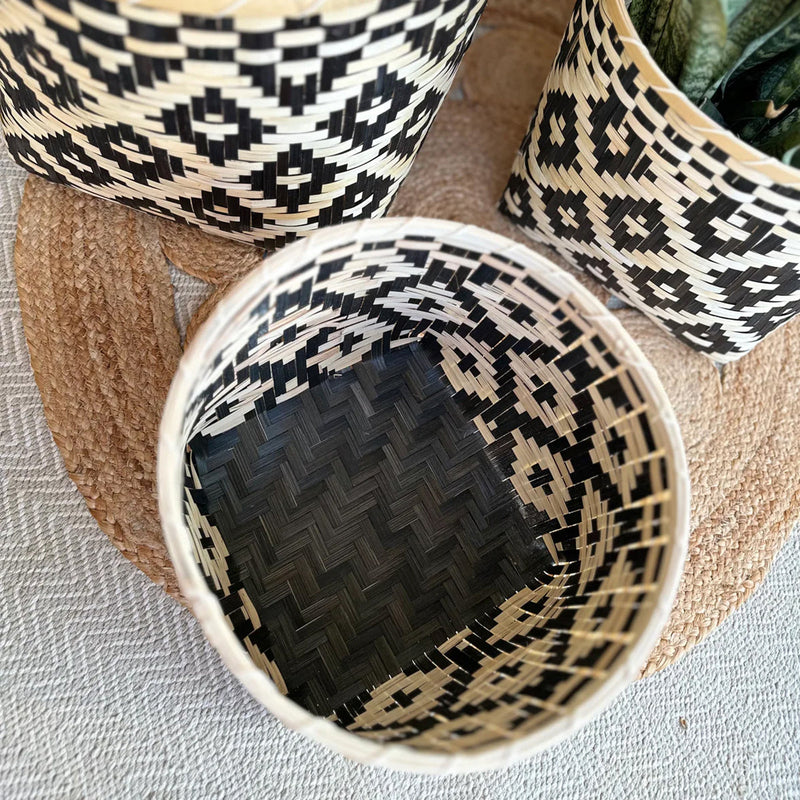 Bamboo Plant Basket | Geometric Print | Black