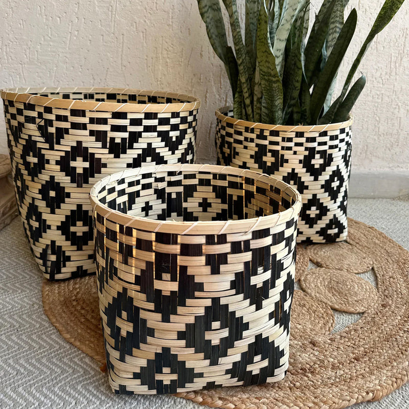 Bamboo Plant Basket | Geometric Print | Black