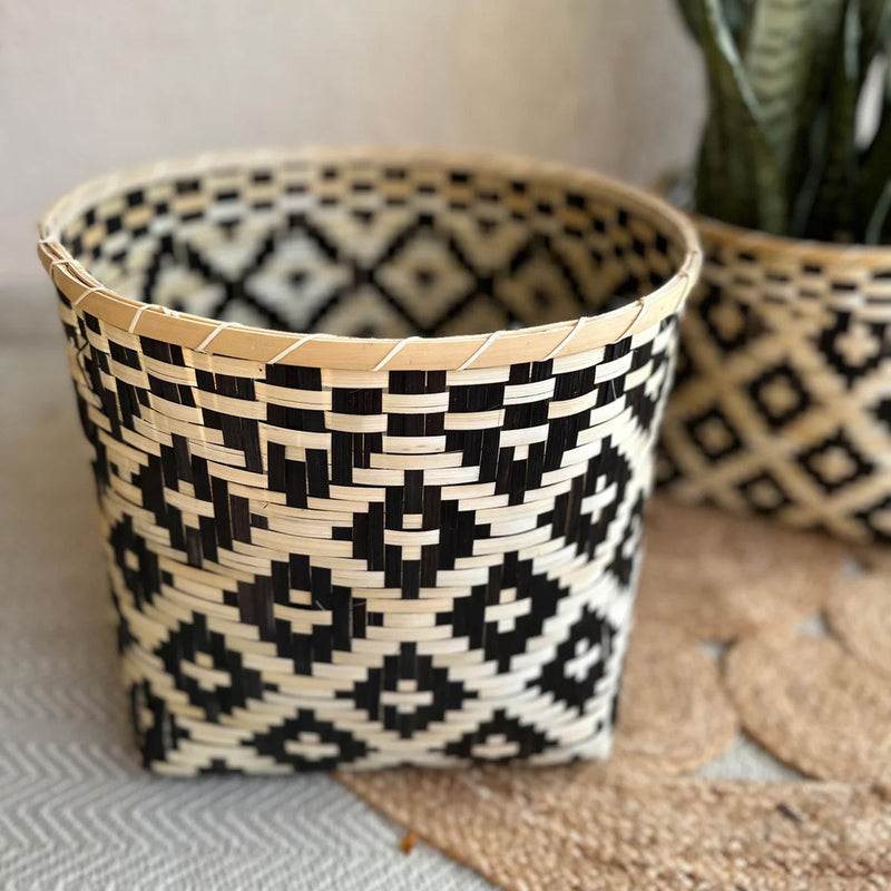 Bamboo Plant Basket | Geometric Print | Black