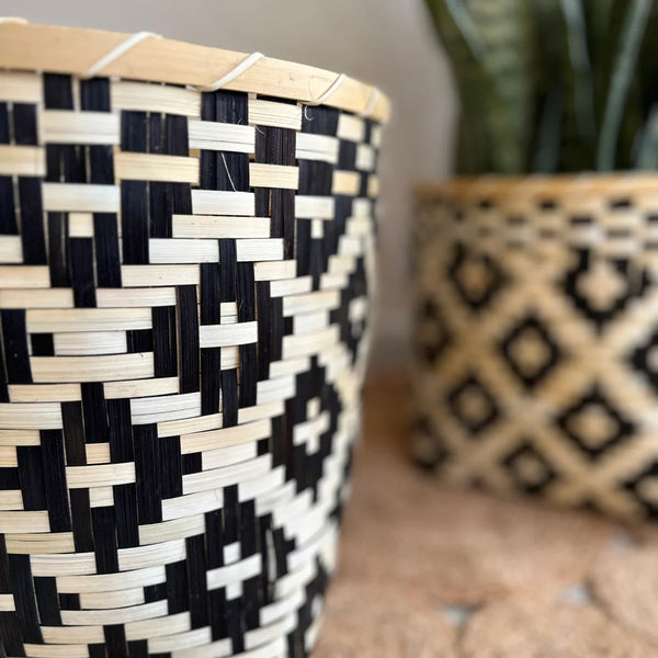 Bamboo Plant Basket | Geometric Print | Black