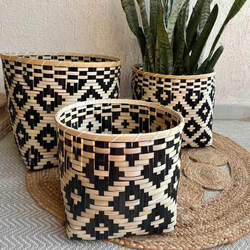 Bamboo Plant Basket | Geometric Print | Black