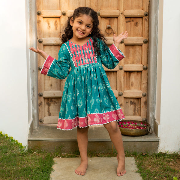 Cotton Dress for Girls | Block Print | Green & Pink