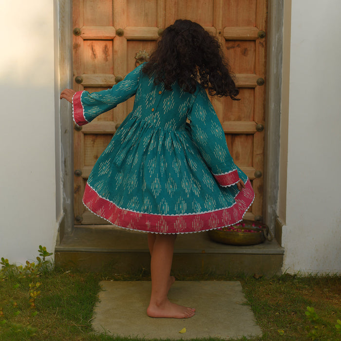 Cotton Dress for Girls | Block Print | Green & Pink