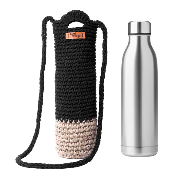 Cotton Bottle Bag with Sling Strap | Bottle Cover | Black & Beige | 1 L