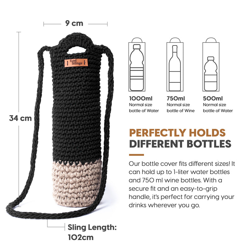 Cotton Bottle Bag with Sling Strap | Bottle Cover | Black & Beige | 1 L