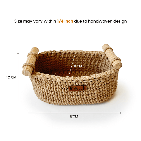 Cotton Yarn Basket For Storage | Wood Handle | Beige