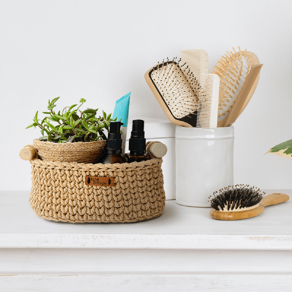 Cotton Yarn Basket For Storage | Wood Handle | Beige