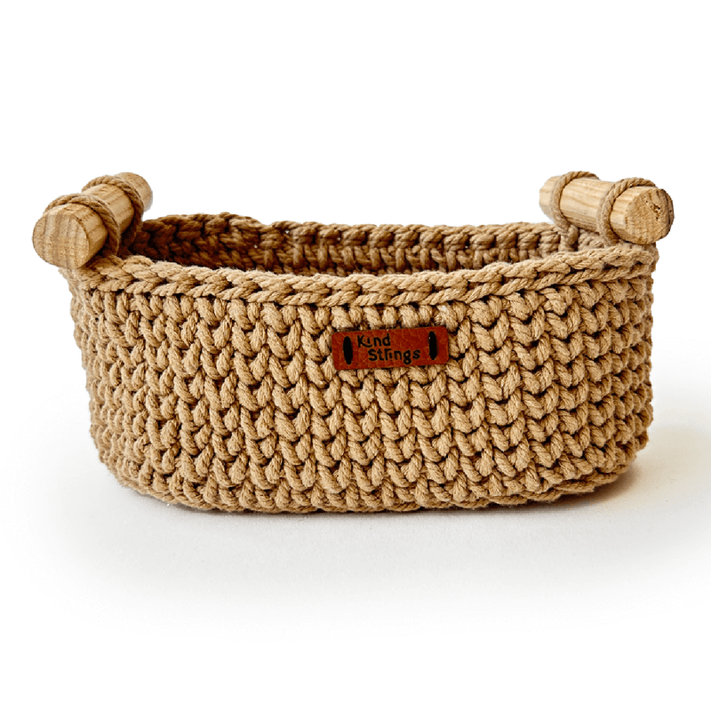 Cotton Yarn Basket For Storage | Wood Handle | Beige