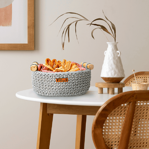 Cotton Yarn Basket For Storage | Wood Handle | Grey