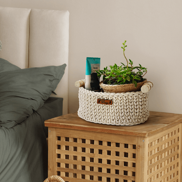 Cotton Yarn Basket For Storage | Wood Handle | Off White