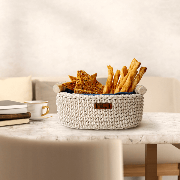 Cotton Yarn Basket For Storage | Wood Handle | Off White