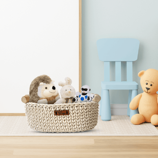 Cotton Yarn Basket For Storage | Wood Handle | Off White