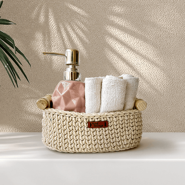 Cotton Yarn Basket For Storage | Wood Handle | Off White