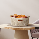 Cotton Yarn Basket For Storage | Wood Handle | Off White