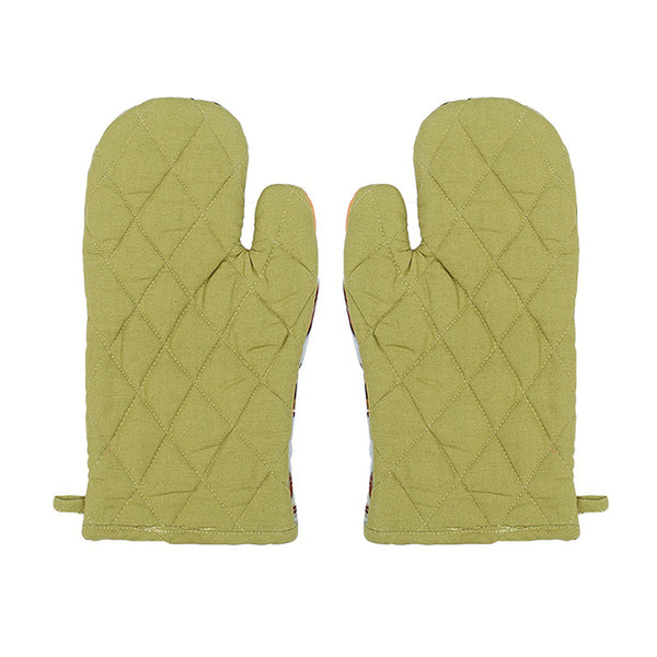 Cotton Microwave Oven Gloves | Oven Mitts | Bird Design | Green | Set of 2