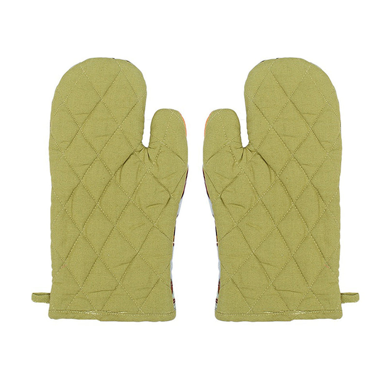Cotton Microwave Oven Gloves | Oven Mitts | Bird Design | Green | Set of 2